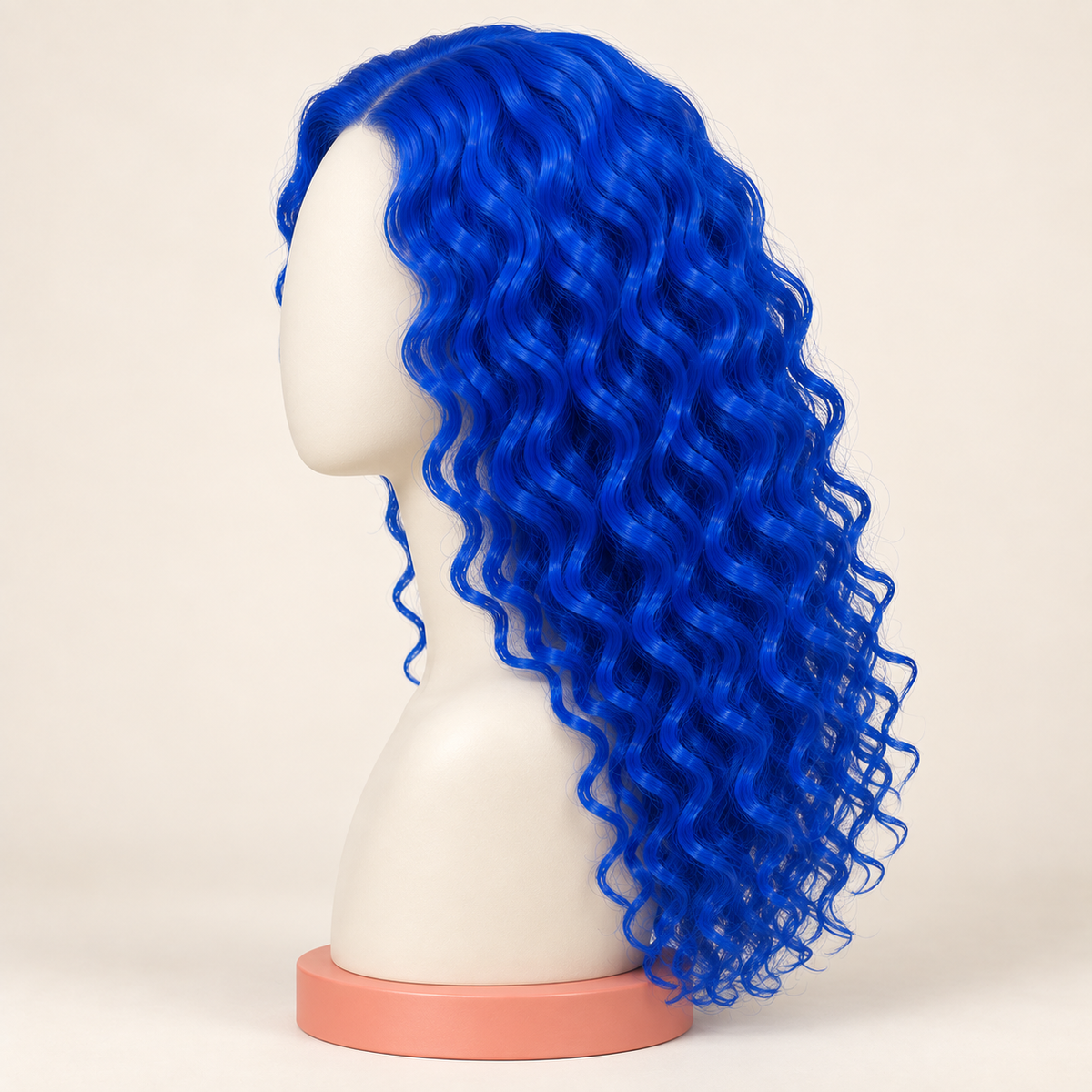 Electric-blue curly costume wig on mannequin — side profile