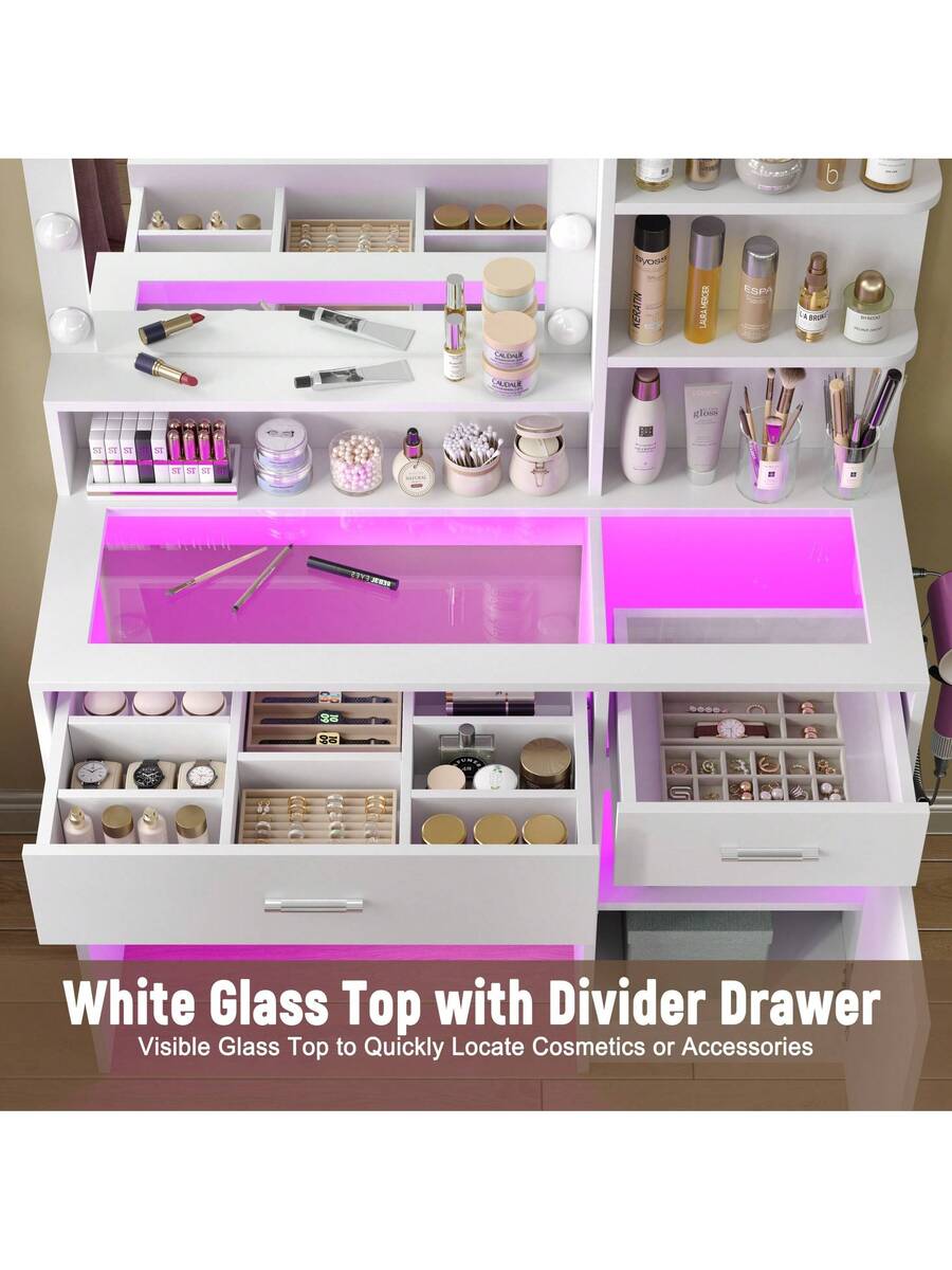 40-Inch Vanity Desk with Mirror, Lights, Glass Top & Power Outlet — gallery image 3