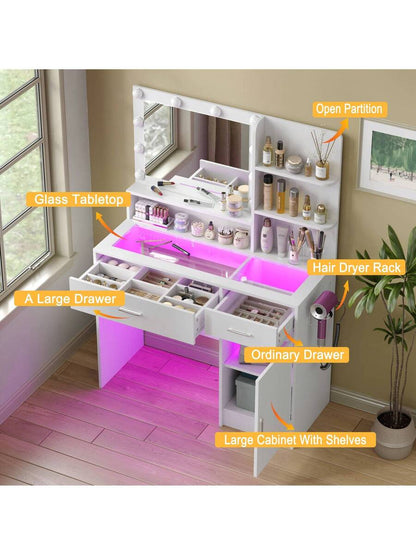 40-Inch Vanity Desk with Mirror, Lights, Glass Top & Power Outlet — gallery image 6