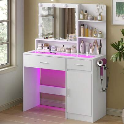 40-Inch Vanity Desk with Mirror, Lights, Glass Top & Power Outlet — gallery image 9