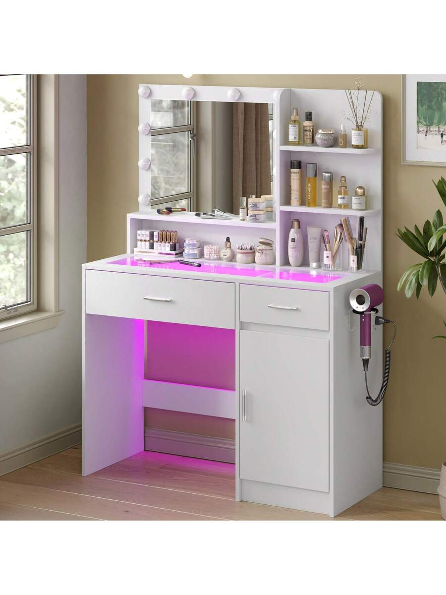 40-Inch Vanity Desk with Mirror, Lights, Glass Top & Power Outlet — gallery image 1