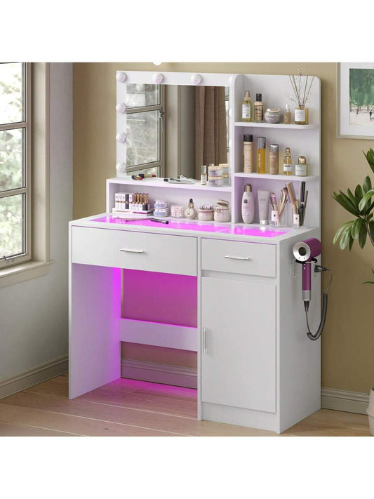 40-Inch Vanity Desk with Mirror, Lights, Glass Top & Power Outlet — gallery image 1