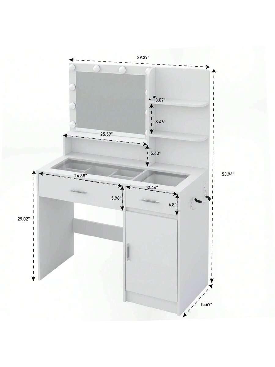 40-Inch Vanity Desk with Mirror, Lights, Glass Top & Power Outlet — gallery image 2