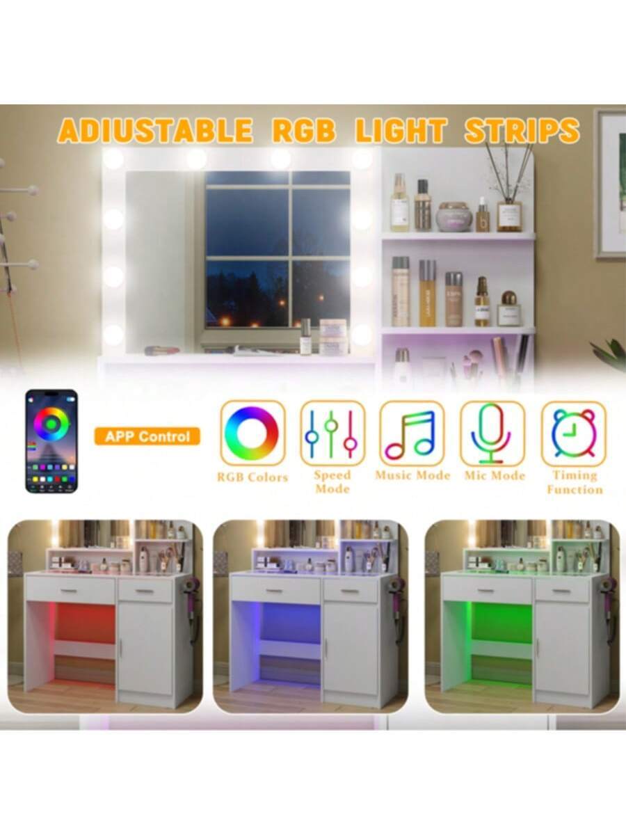 40-Inch Vanity Desk with Mirror, Lights, Glass Top & Power Outlet — gallery image 4