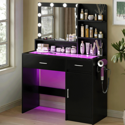 40-Inch Vanity Desk with Mirror, Lights, Glass Top & Power Outlet — gallery image 10