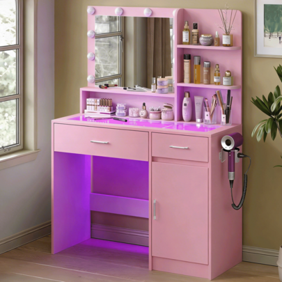 40-Inch Vanity Desk with Mirror, Lights, Glass Top & Power Outlet — gallery image 11