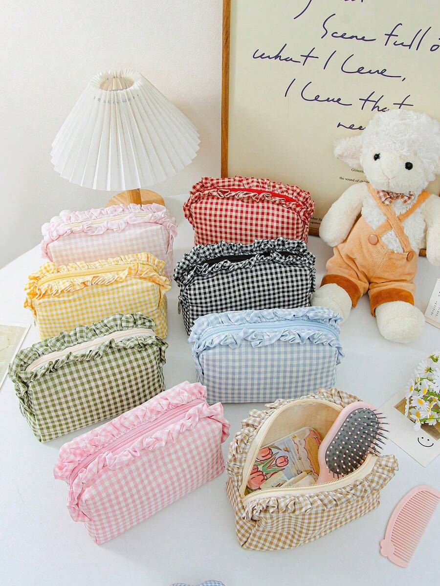 Ruffled Plaid Travel Makeup Pouch — gallery image 1