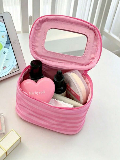 Pink Striped Makeup Organizer with Mirror — gallery image 3