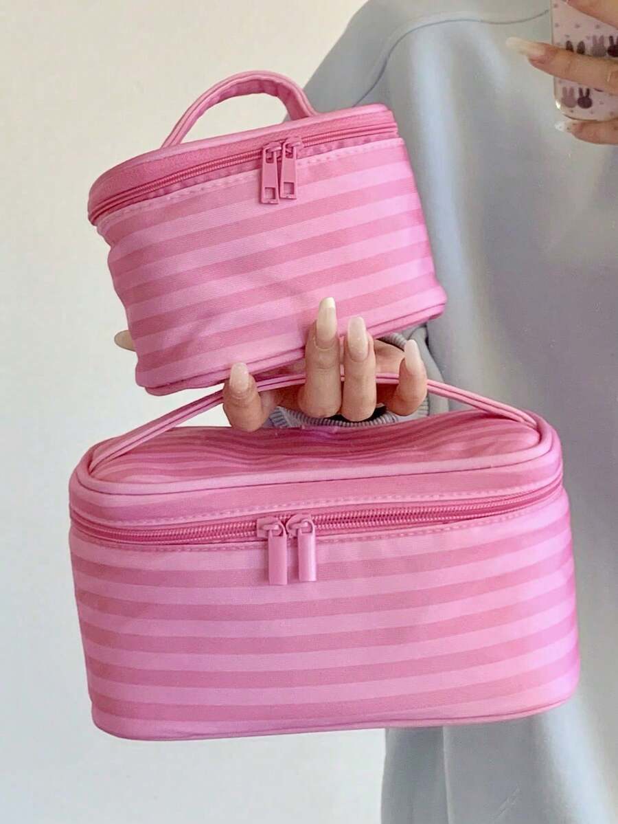 Pink Striped Makeup Organizer with Mirror — gallery image 2