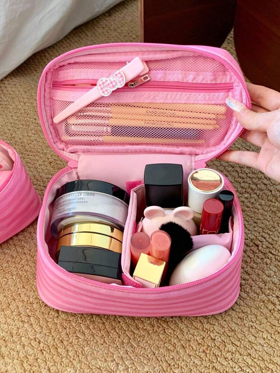 Pink Striped Makeup Organizer with Mirror — gallery image 4