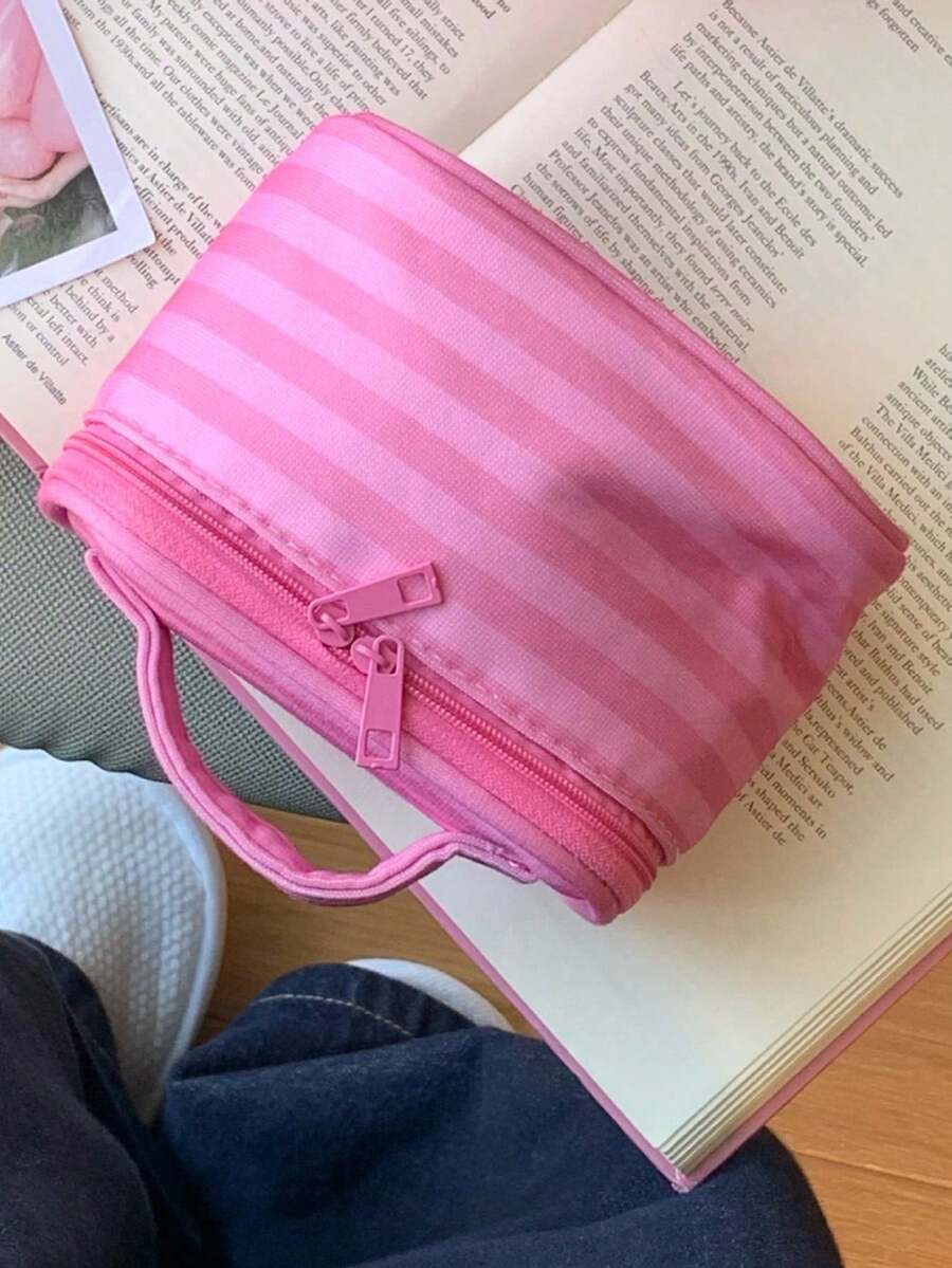 Pink Striped Makeup Organizer with Mirror — gallery image 10