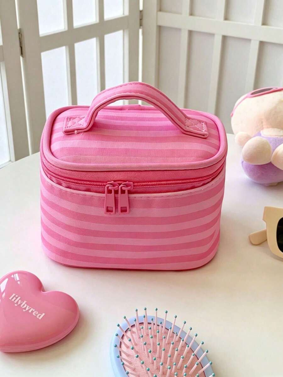 Pink Striped Makeup Organizer with Mirror — gallery image 7
