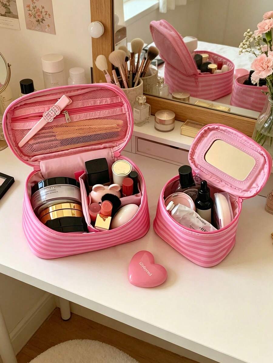 Pink Striped Makeup Organizer with Mirror — gallery image 1