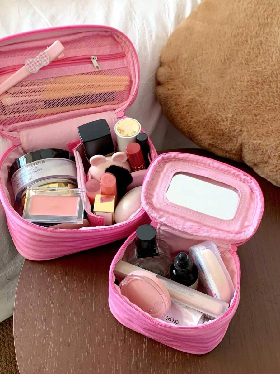 Pink Striped Makeup Organizer with Mirror — gallery image 8