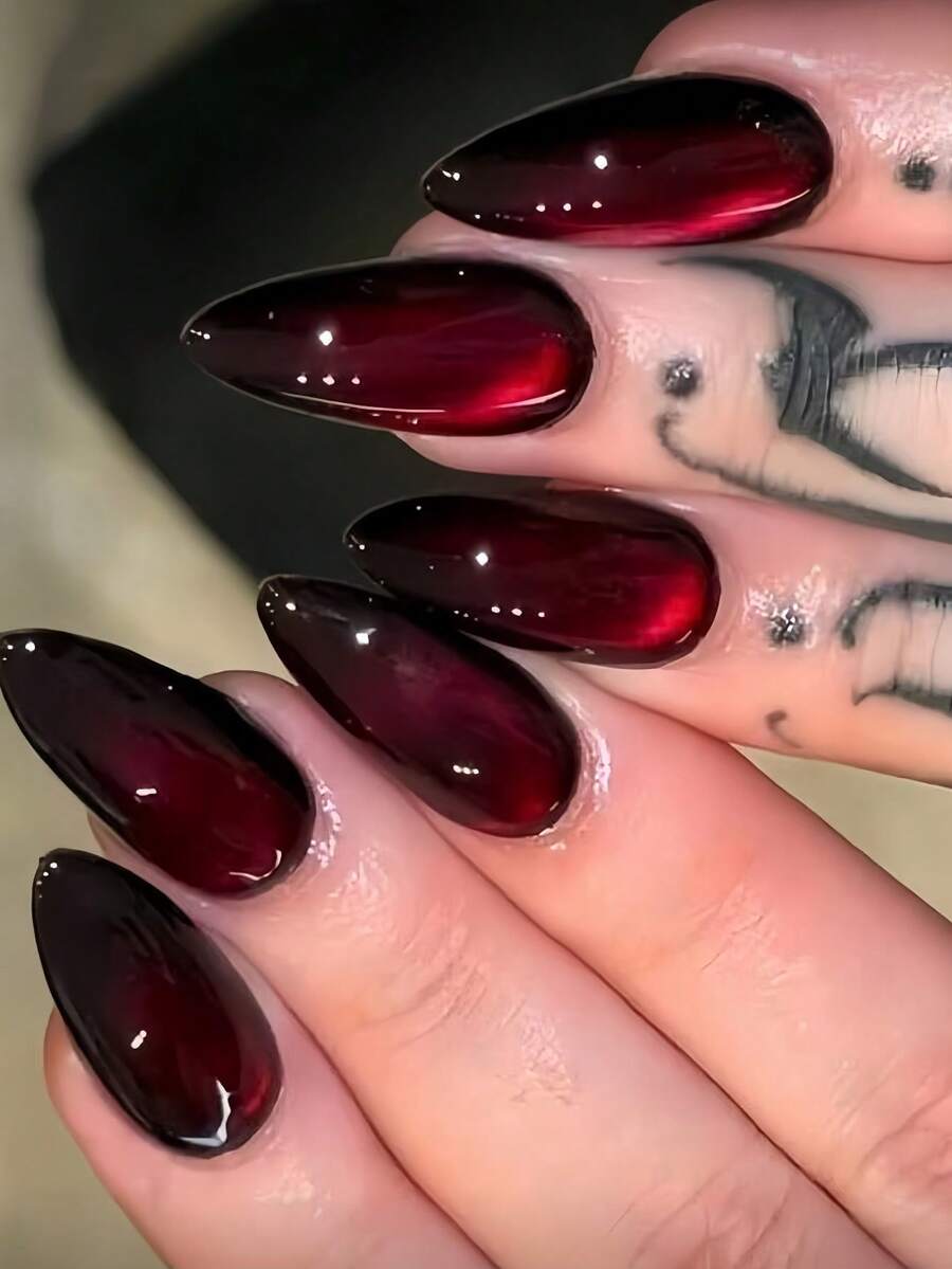 Black-to-Cherry Cat-Eye Almond Press-On Nails — gallery image 1