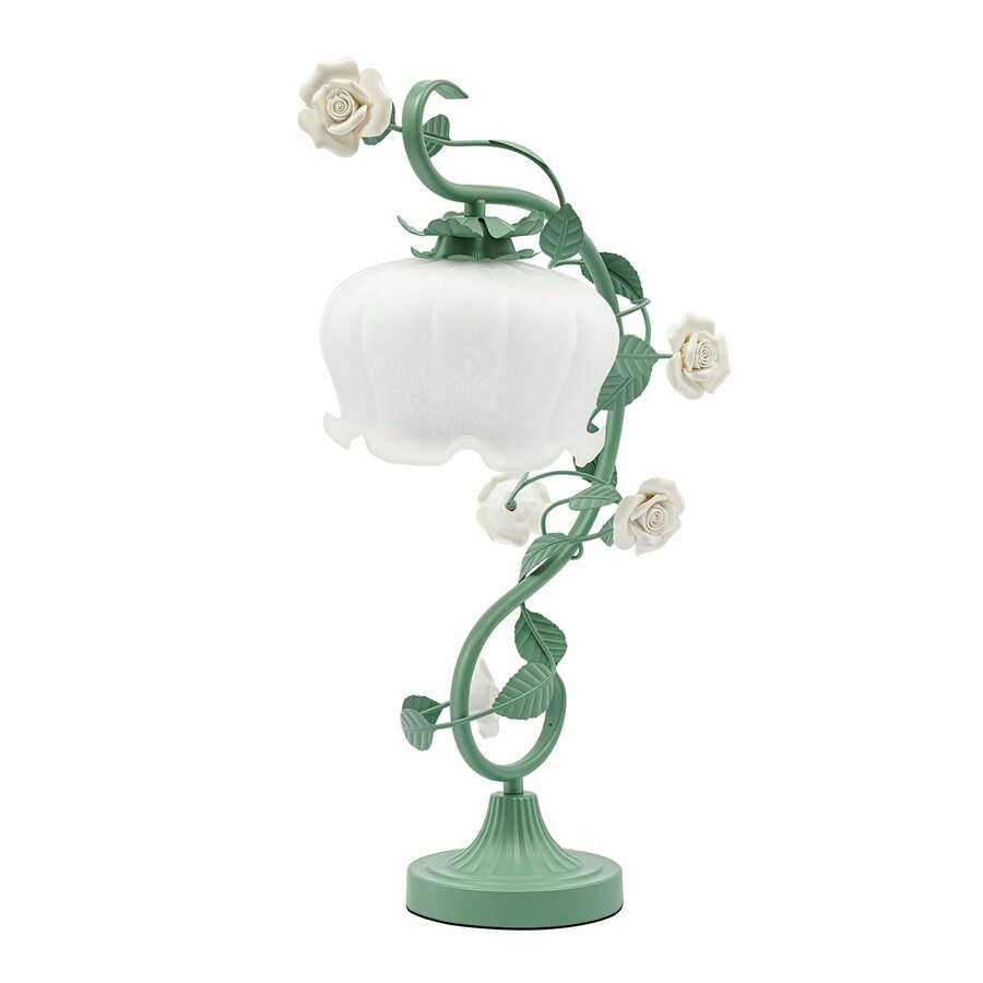 Rose Table Lamp with Curved Glass Shade, White & Green — gallery image 8