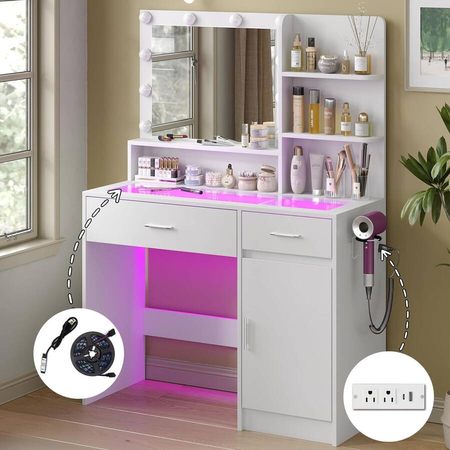40-Inch Vanity Desk with Mirror, Lights, Glass Top & Power Outlet — gallery image 8