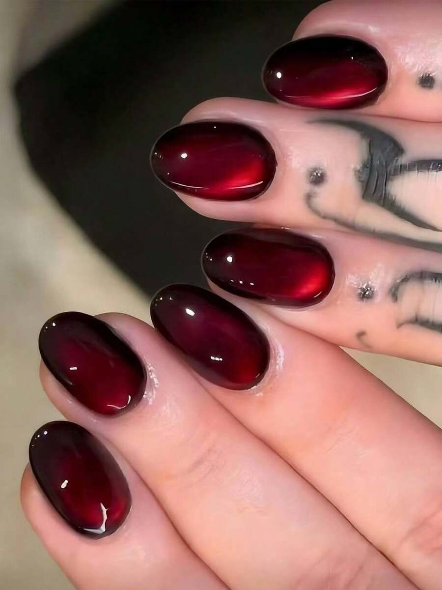 Black-to-Cherry Cat-Eye Almond Press-On Nails — gallery image 5