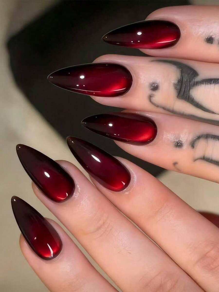 Black-to-Cherry Cat-Eye Almond Press-On Nails — gallery image 7