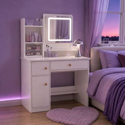 LED Vanity Desk with Mirror, Drawers, Shelves & Storage Cabinet — gallery image 12