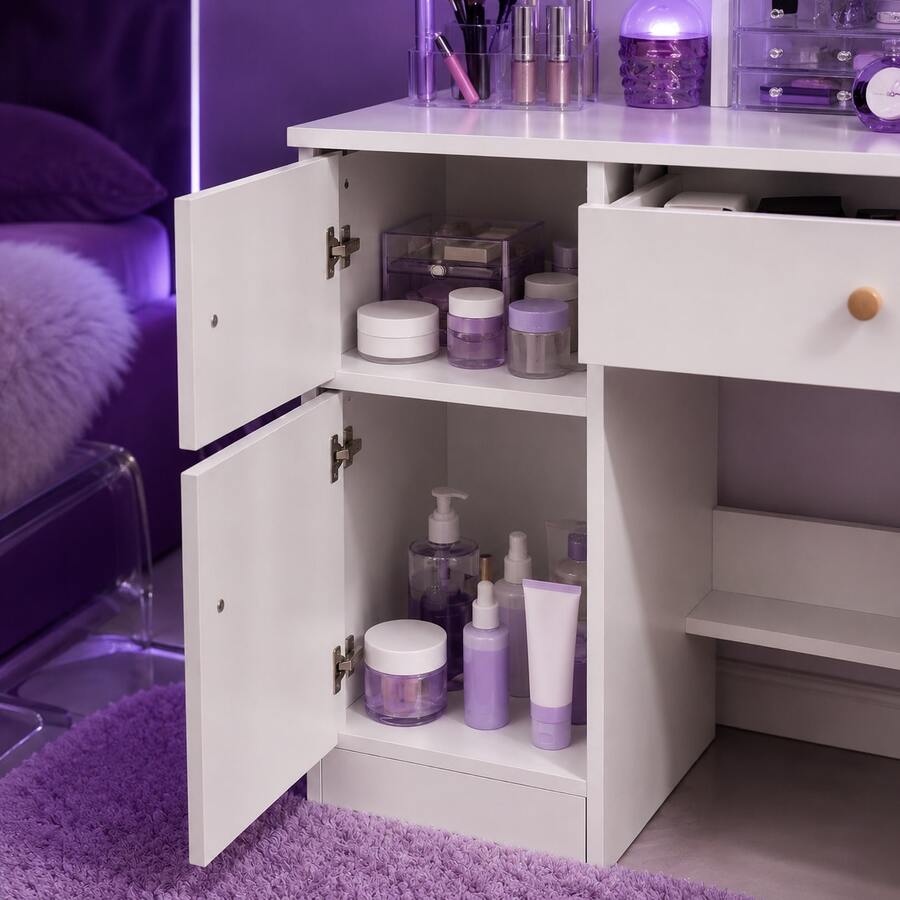 LED Vanity Desk with Mirror, Drawers, Shelves & Storage Cabinet — gallery image 3