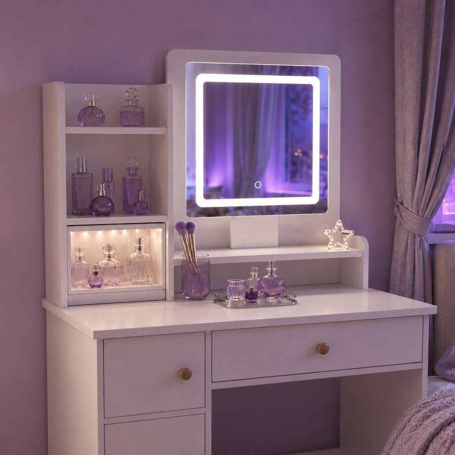 LED Vanity Desk with Mirror, Drawers, Shelves & Storage Cabinet — gallery image 4