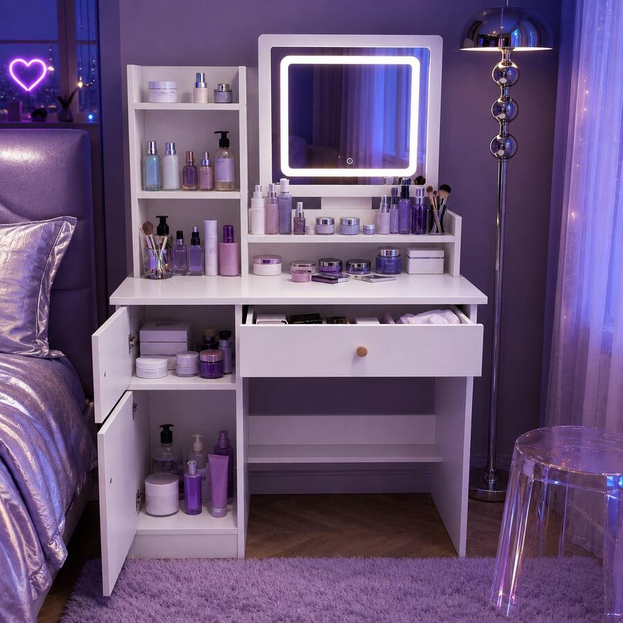 LED Vanity Desk with Mirror, Drawers, Shelves & Storage Cabinet — gallery image 2