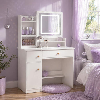 LED Vanity Desk with Mirror, Drawers, Shelves & Storage Cabinet — gallery image 8