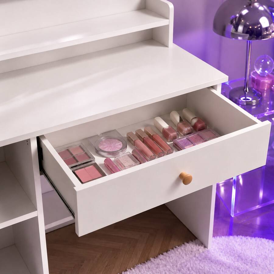 LED Vanity Desk with Mirror, Drawers, Shelves & Storage Cabinet — gallery image 5