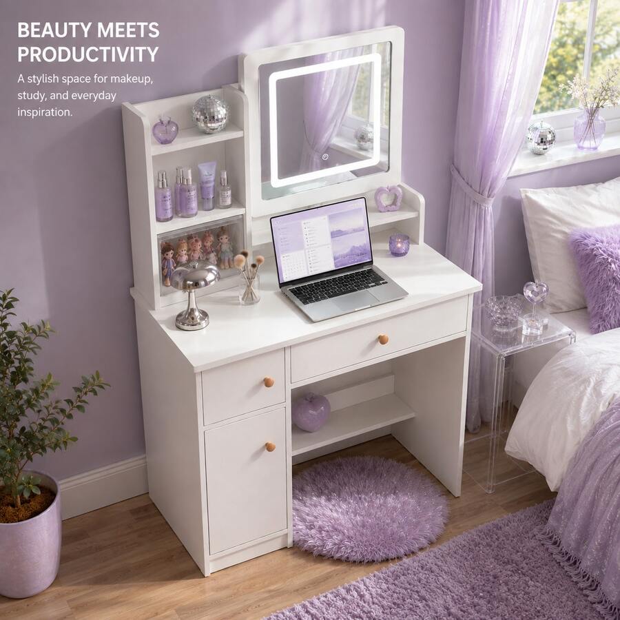 LED Vanity Desk with Mirror, Drawers, Shelves & Storage Cabinet — gallery image 6
