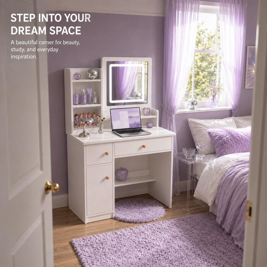 LED Vanity Desk with Mirror, Drawers, Shelves & Storage Cabinet — gallery image 7