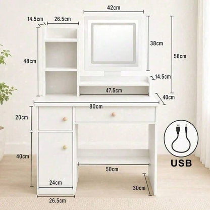 LED Vanity Desk with Mirror, Drawers, Shelves & Storage Cabinet — gallery image 10
