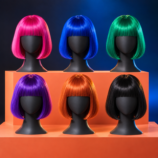 Six bright-color bob wigs with bangs on featureless mannequin heads