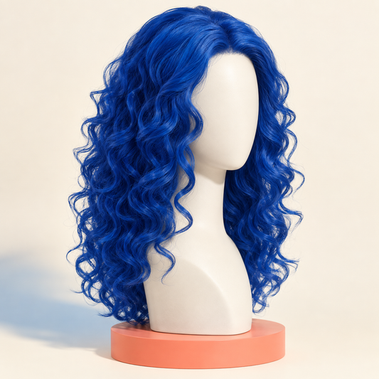 Featureless mannequin displaying a cobalt-blue curly costume wig