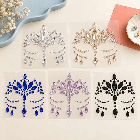 Five unbranded self-adhesive face gem sticker sheets in assorted colors