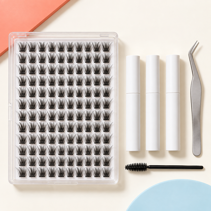 Unbranded wispy lash cluster kit with plain tubes, tweezers and lash brush