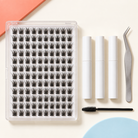 Unbranded wispy lash cluster kit with plain tubes, tweezers and lash brush