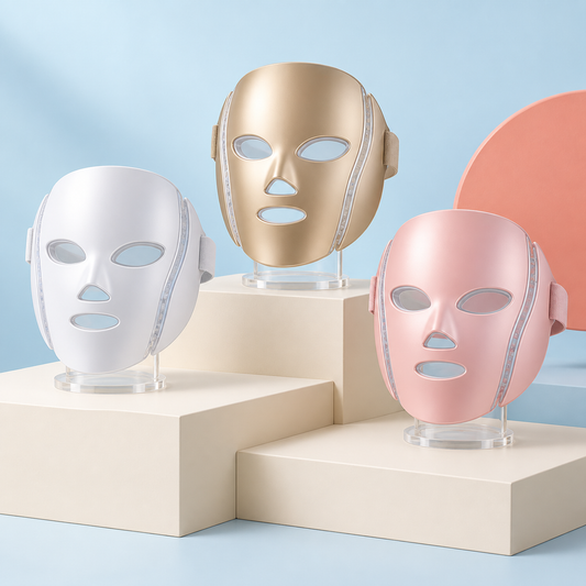 Three unbranded rechargeable LED facial masks in white, gold and pink