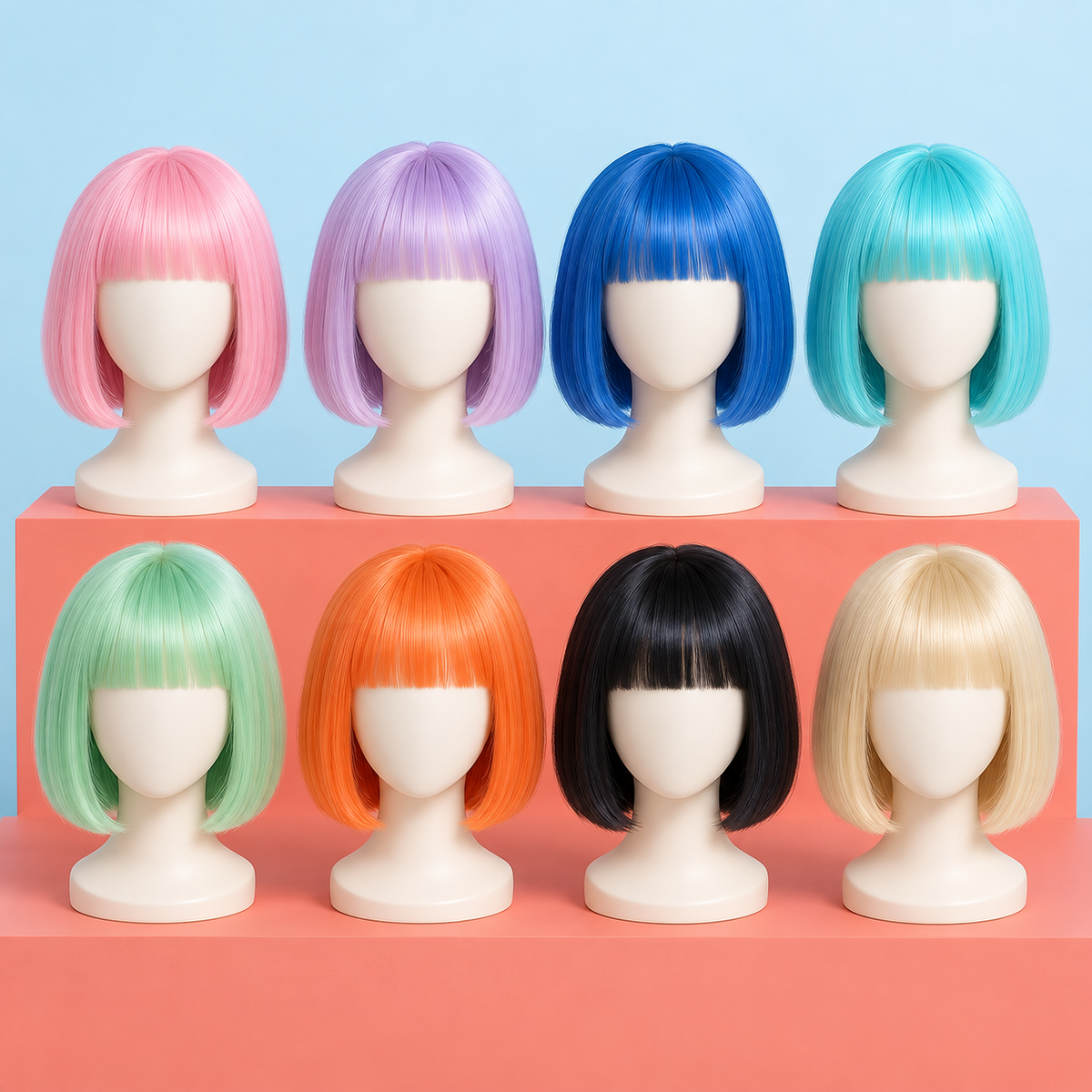Eight pastel bob wigs with bangs on featureless mannequin heads