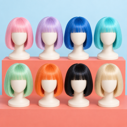 Eight pastel bob wigs with bangs on featureless mannequin heads