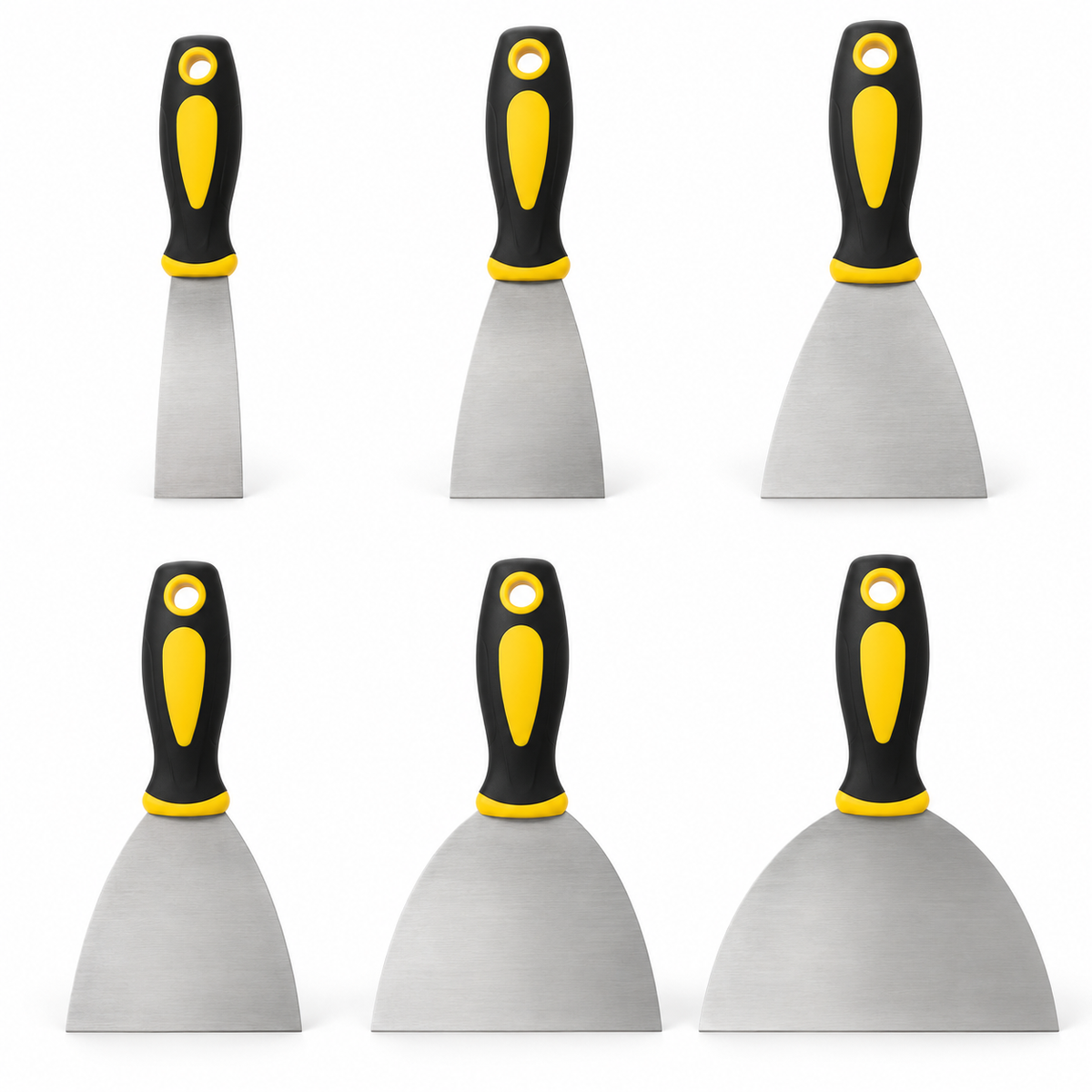 Six-piece stainless steel putty knife set — six-tool catalog view