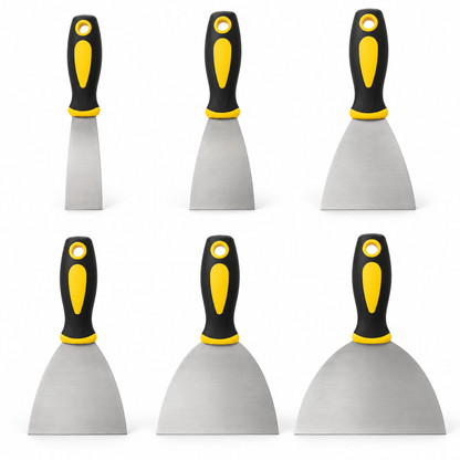 Six-piece stainless steel putty knife set — six-tool catalog view