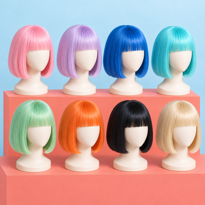 Pastel bob wigs with bangs in eight displayed colors — angled view