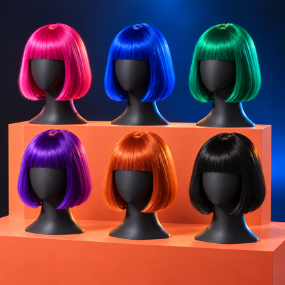 Bright-color bob wigs with bangs in six displayed colors — angled view