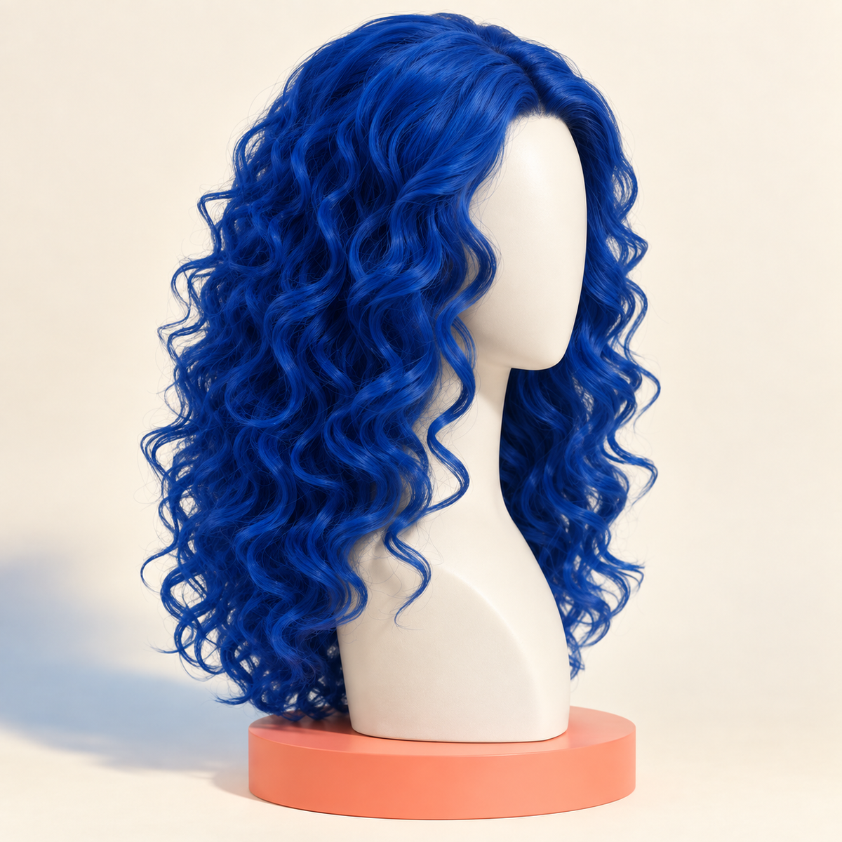 Electric-blue curly costume wig on mannequin — three-quarter view