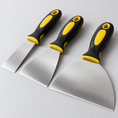 Stainless steel putty knife set — blade and handle detail