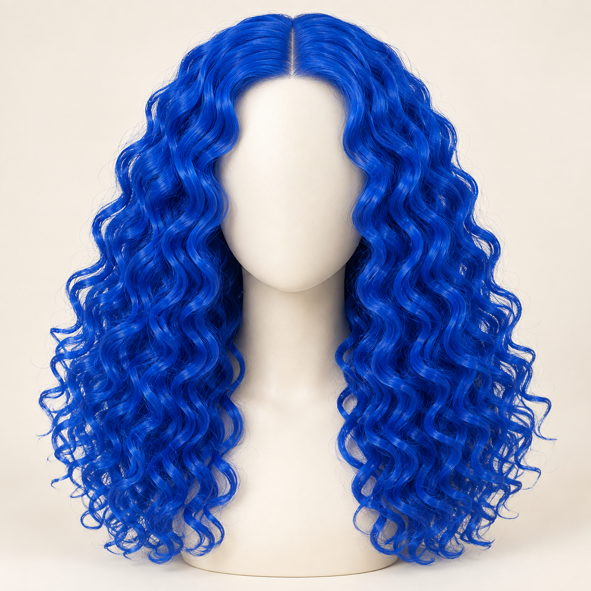 Electric-blue curly costume wig — curl and center-part detail