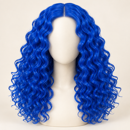 Electric-blue curly costume wig — curl and center-part detail