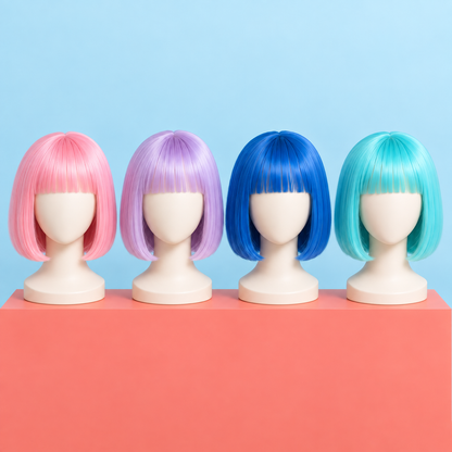 Pastel bob wigs with bangs — pink, lavender, blue and aqua detail