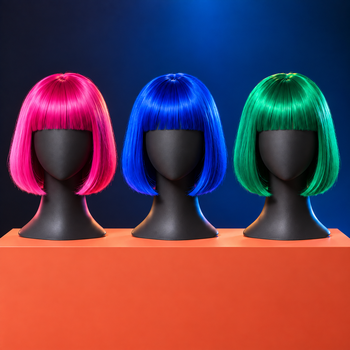 Bright bob wigs with bangs — pink, blue and green detail